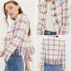 VERONICA BEARD BLAZER JACKET PLAID DOUBLE BREASTED FRINGE WHITE BLUE RED MARLTON